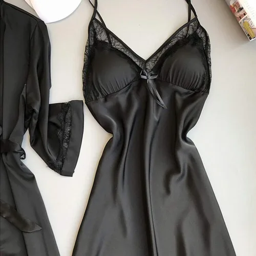 Vista 2 de NSQFKALL Ropa de dormir para mujer, sexy, sin aros, conjunto de pijama de encaje, ropa interior de seda, cinturón de dormir