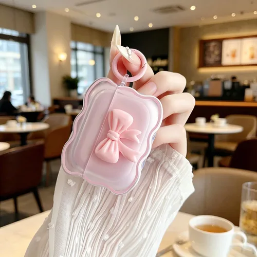 Vista 3 de Bonita funda transparente para AirPods Pro 2/1 Gen, diseño de lazo 3D femenino, funda protectora y a prueba de golpes de TPU suave Kawaii para Apple