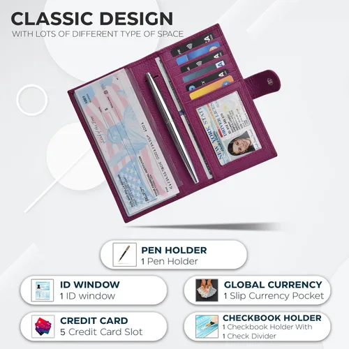 Vista 3 de Carteras de cuero con RFID y bolsillo de chequera para mujer, soporte duplicado de cheques tarjetas y bolígrafos
