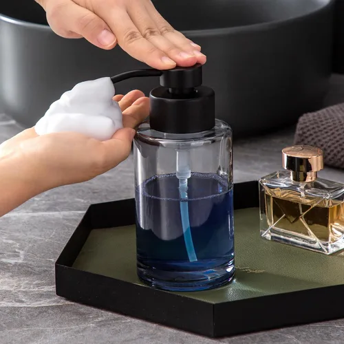 Vista 5 de Enra Dispensador de jabón espumoso, dispensador de jabón de vidrio grueso negro de 12 onzas para baño y cocina con bomba de acero inoxidable
