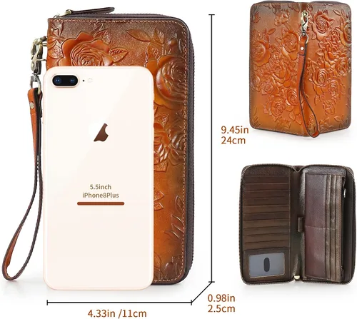 Vista 3 de Cartera de cuero con bloqueo RFID para mujer, de gran capacidad, con correa de mano desmontable