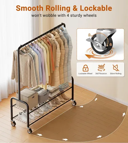 Vista 5 de AOODA Perchero resistente con estantes, estantes de ropa de metal de 46.5 pulgadas para colgar ropa, perchero con ruedas con cerradura para abrigos