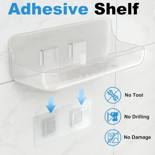 Vista 4 de Organizador adhesivo para ducha, paquete de 2 estantes acrílicos para baño, sin taladro, organizador de montaje en pared, estante de almacenamiento
