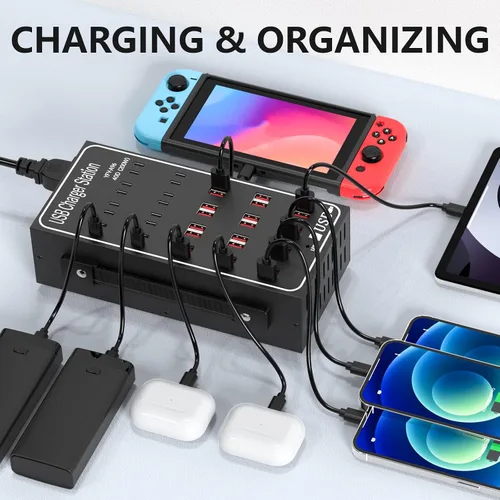 Vista 8 de Estación de Carga USB Múltiple, RUANSZZ 40 Puertos 200 Vatios (40A) Bloque Cargador USB-C con Interruptor de Alimentación, Estación de Carga