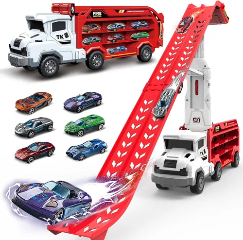 Vista 8 de Juguetes de coche y camiones para niños pequeños, camiones de transporte de juguete para niños de 3 a 5 y 4 a 8 años, juegos de pistas de carreras