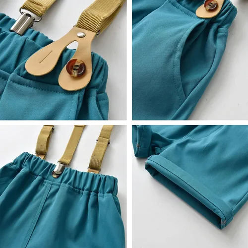 Vista 6 de Conjunto de traje de caballero de manga corta para bebé niño con corbatín + pantalones cortos con tirantes y pantalones cortos para bautizo festivo