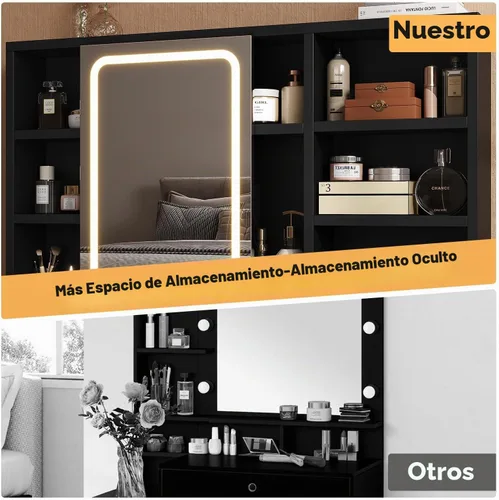 Vista 5 de knoworld - Escritorio de tocador con espejo deslizante y luces LED, mesa de maquillaje inteligente con estación de carga, soporte para secador