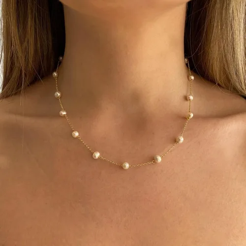 Vista 2 de TOBENY Collares de perlas para mujer, chapado en oro de 14 quilates, collar de gargantilla delicada cadena de boda collar de perlas de agua dulce