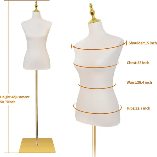 Vista 2 de Maniquí femenino, maniquí ajustable de 54" a 76" de altura con torso y soporte metálico y superficies de cuero para mostrar faldas y camisas