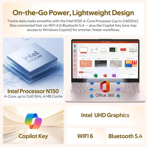 Vista 3 de Laptop personalizada, creada con laptop HP de 14 pulgadas, Office 365 de 1 año, Intel N150 Quad-Core, 16 GB de RAM, SSD PCIe de 512 GB, con UFS