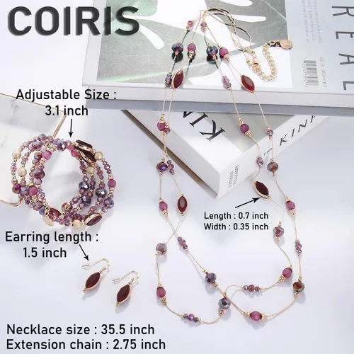 Vista 5 de Coiris Collar largo con cuentas de alambre de ilusión de 2 capas con pendientes, collar largo para mujer