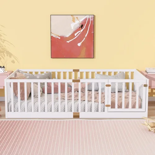 Vista 3 de Cama Montessori de madera tamaño matrimonial con valla de alta Blanco (White F)