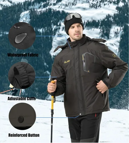 Vista 7 de Chaqueta de esquí para hombre, impermeable, cálida, abrigo de nieve de invierno para senderismo M-negro
