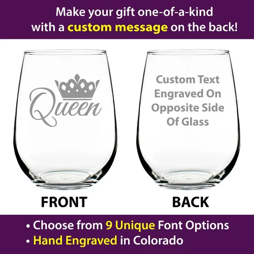Vista 2 de Custom Queen – Funny Personalized Stemless Wine Glass, Large Glasses, Etched Sayings, Gift Box - Customized Wine Glass Gift