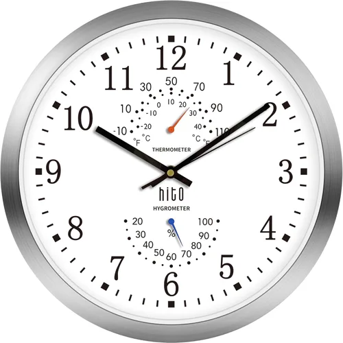 Vista 8 de HITO Reloj de pared silencioso de 10 pulgadas, funciona con pilas, sin tictac, cubierta de vidrio, marco de aluminio plateado, para decoración