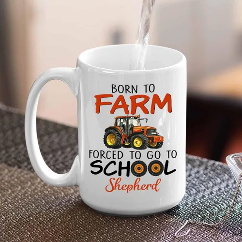 Vista 3 de Tazas de café personalizadas con nombre "Born To Farm Forced To Go To School" de 11 onzas y 15 onzas, taza de café personalizada para tractores