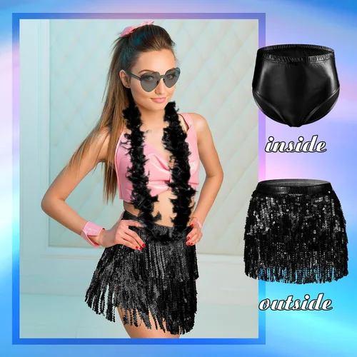Vista 4 de Toulite Juego de 5 faldas de lentejuelas con flecos para mujer, bufanda de danza del vientre, pantalones cortos metálicos para baile, plumas rave