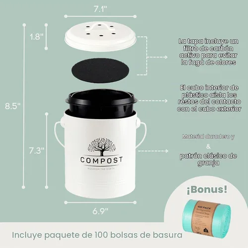Vista 2 de Perfnique Cubo de Compost de Cocina, Cubo de Compost de Encimera de 1.3 Galones con Tapa, Cubo de Compost Interior Incluye Forro de Cubo