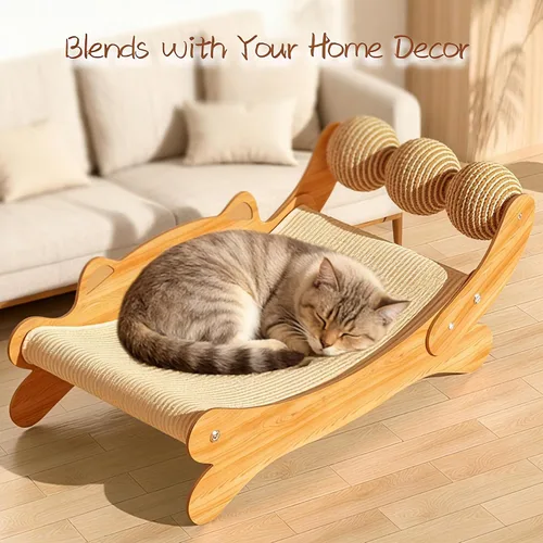 Vista 5 de Cama rascador para gatos de interior, hamaca de madera 3 en 1 para gatos con almohadilla duradera para arañazos y 3 bolas de sisal, base resistente