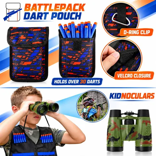 Vista 4 de Paquete de 2 chalecos tácticos para niños, juego de pistolas Nerf N-Strike Elite Series Wars con dardos de repuesto, clips de recarga, bolsa
