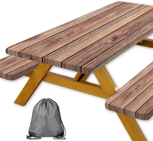 Vista 14 de Funda para Mesa de Picnic con Fundas para Bancos y Bolsa, Campista de Madera Impermeable Resistente al Viento, Cubierta de Mantel Ajustada con Borde