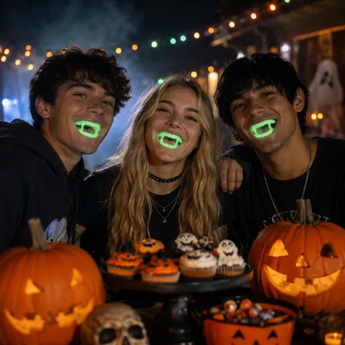 Vista 5 de 12 piezas de dientes de Halloween que brillan en la oscuridad colmillos, disfrazarse, juego de simulación