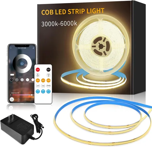 Vista 9 de Tira de luz LED COB de 32.8 pies, color blanco, regulable, CC de 24 V, 6000 K, cinta de luz LED flexible para dormitorio, con control remoto