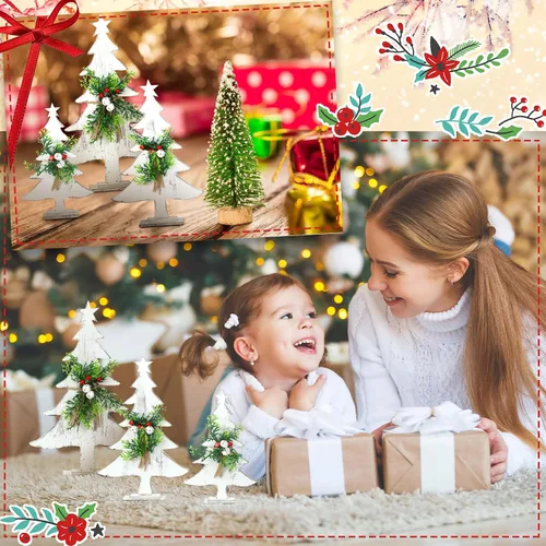 Vista 5 de 3 piezas de decoración de árbol de Navidad en madera estilo granja, árboles de Navidad de madera rústicos pequeños con lijas de arena, estrellas