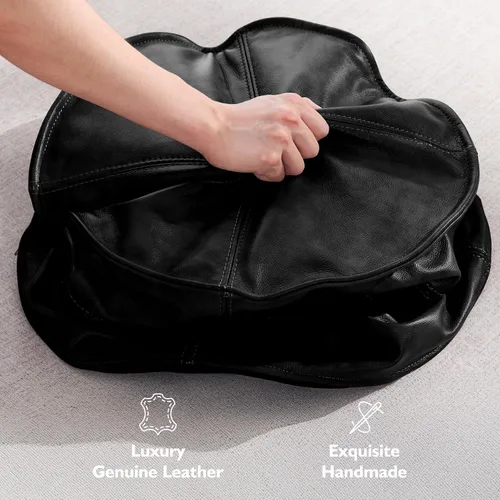 Vista 8 de Otomano Redondo de Cuero, Otomano Relleno Hecho a Mano, Puf de Cuero Genuino, Puf Reposapiés, Asiento Cómodo y Suave para Sala de Estar y Dormitorio