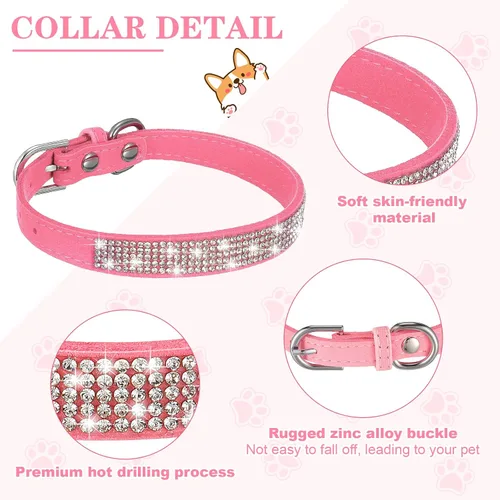 Vista 3 de Frienda 2 collares de perro con diamantes de imitación rosas con diamantes brillantes, ajustables, de piel sintética suave, con patrón de flores