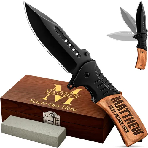 Vista 11 de Cuchillo de bolsillo para hombres con mango de madera, rompedor de vidrio y clip de bolsillo, hoja afilada de 3.66 pulgadas, cuchillos plegables