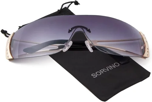 Vista 7 de SORVINO Lentes de sol Y2K sin montura para mujeres y hombres, diseño de escudo futurista de moda, de gran tamaño de los años 2000, con estrellas