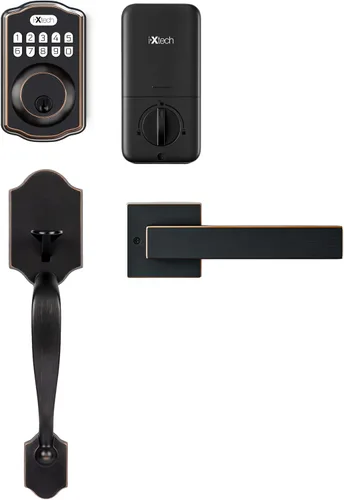 Vista 10 de IXTECH Juego de cerradura de puerta de huellas dactilares, cerrojo de cerradura de puerta de entrada sin llave con mango y 2 llaves, bloqueo Bronce