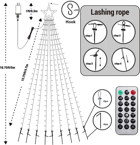 Vista 3 de Flacchi Luces de Navidad para Exteriores con Control Remoto - 16.7 Pies Luces de Decoración de Árbol en Cascada Luces de Cadena de Estrella