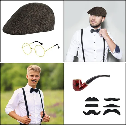 Vista 3 de WILDPARTY Disfraz de los años 20 para hombre, accesorios de disfraz de Gatsby de la mafia para hombres, gorra plana para hombre para fiesta