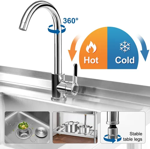 Vista 5 de YORKING Fregadero de acero inoxidable, fregadero de cocina de un solo tazón con tubo de agua fría y caliente para lavandería, granja