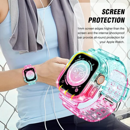 Vista 150 de DABAOZA - Correa transparente compatible con Apple Watch con estuche protector, correa deportiva de TPU con brillo para mujeres y hombres