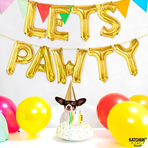 Vista 2 de KatchOn, Globos Lets Pawty Dorados - 16 Pulgadas Pancarta Lets Pawty Globos de Cumpleaños de Perro para Decoraciones de Cumpleaños Pancarta