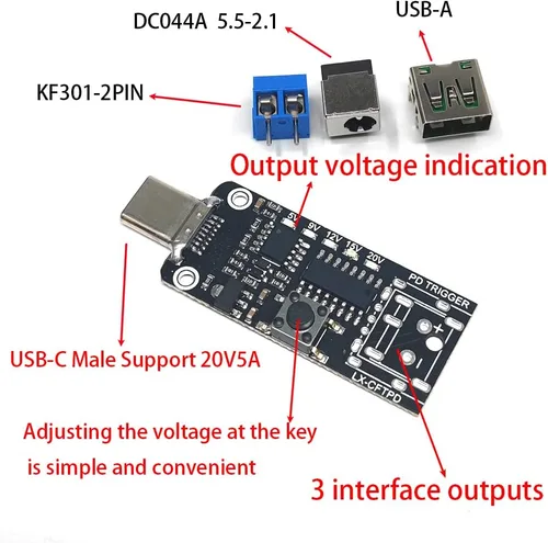 Vista 2 de 1 unids USB-C PD QC DC5V 9V 12V 15V 20V voltaje ajustable módulo de disparador de potencia 5A Tipo-C entrada macho