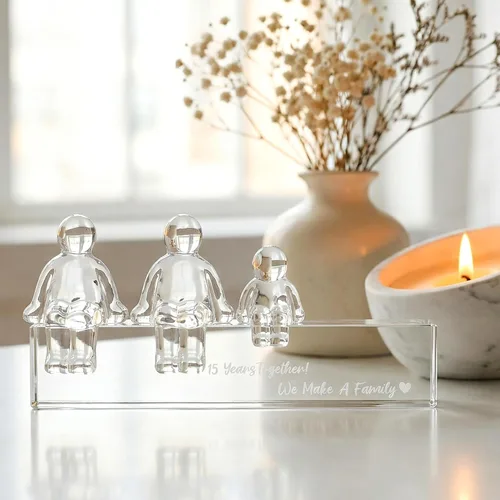 Vista 3 de Ornalrist Regalos de boda de cristal para el 15º aniversario para ella y él, 15 años juntos hicimos un adorno de cristal familiar para esposa, 1 niño