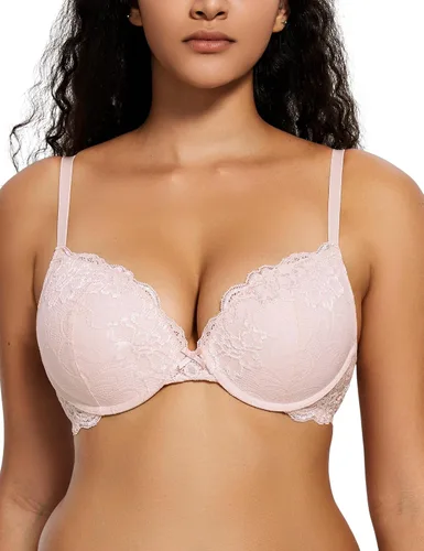 Vista 30 de Deyllo - Brasier de encaje para mujer con efecto de realce de busto, cómodo, con relleno, aros, levanta y añade una copa a tu busto Ámbar dorado