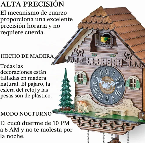 Vista 2 de TIMEGEAR Reloj de pared de cuco con modo nocturno, movimiento de cuarzo y péndulo oscilante (La granja)
