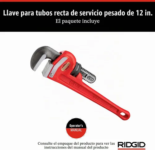 Vista 2 de RIDGID 31015 - Llave de tubería recta de alta resistencia, llave de fontanería resistente de 12 pulgadas con hilos autolimpiantes y mordazas