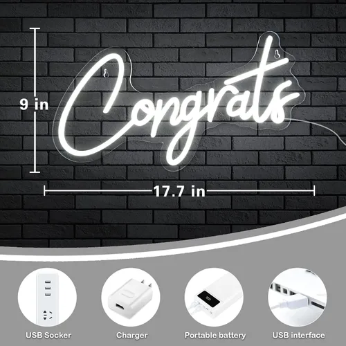 Vista 4 de Letrero de neón blanco con texto en inglés «Congrats – Letrero de neón LED regulable para decoración de pared de 17.7 x 9 pulgadas, decoración