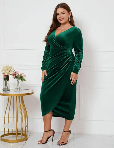 Vista 5 de ZOMVA Vestido cruzado de terciopelo de talla grande 2023, vestido ajustado fruncido, manga larga, con volantes, largo, elegante, fiesta, boda