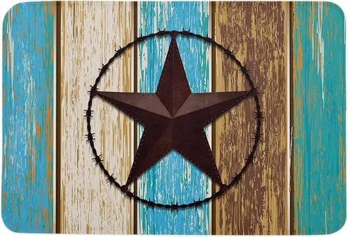 Vista 3 de Tapete para puerta de estilo rústico occidental, con estrella en azul, verde azulado, marrón, grano de madera, absorbente, tapete de baño