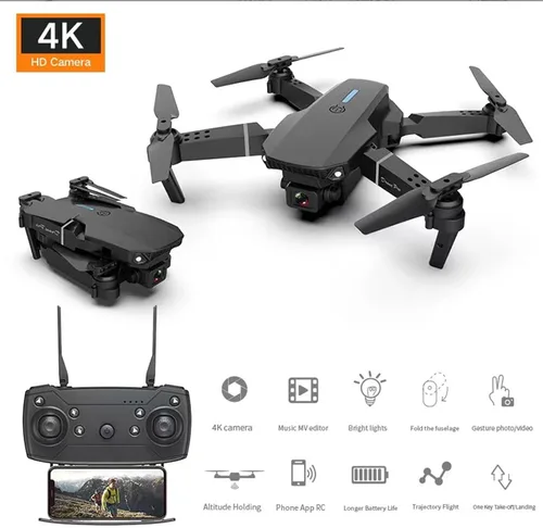 Vista 2 de E88 WIFI FPV Dron, Quadcopter con gran angular HD 4K Cámara de retención de altura RC plegable Quadcopter Drones UAV, negro