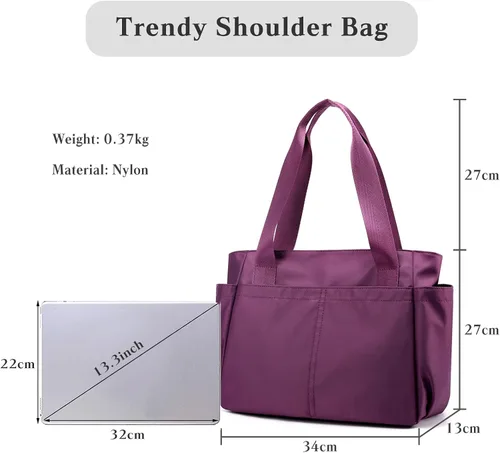 Vista 3 de PORRASSO Bolso de mano Bolso impermeable de nylon Bolso de hombro para mujer, Púrpura, Bolso tote