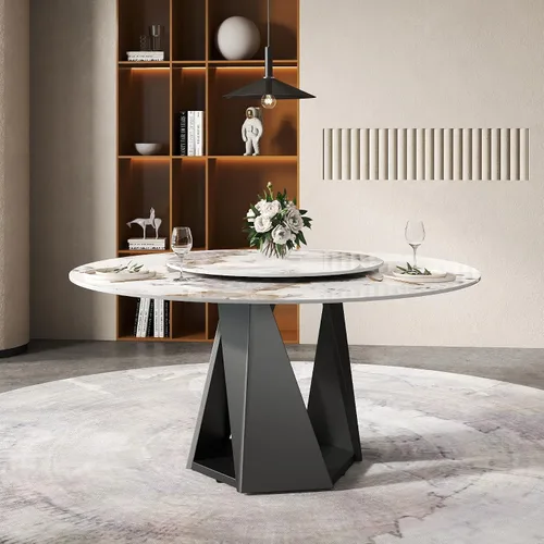 Vista 12 de Montary Mesa de comedor redonda moderna de mármol artificial de 59 pulgadas con base de metal de latón antiguo y tocadiscos de piedra sinterizada