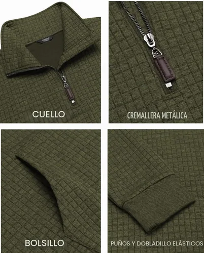 Vista 5 de COOFANDY - Sudadera con capucha para hombre, manga larga, con cremallera de un cuarto, estilo sarga casual, con bolsillo Verde militar